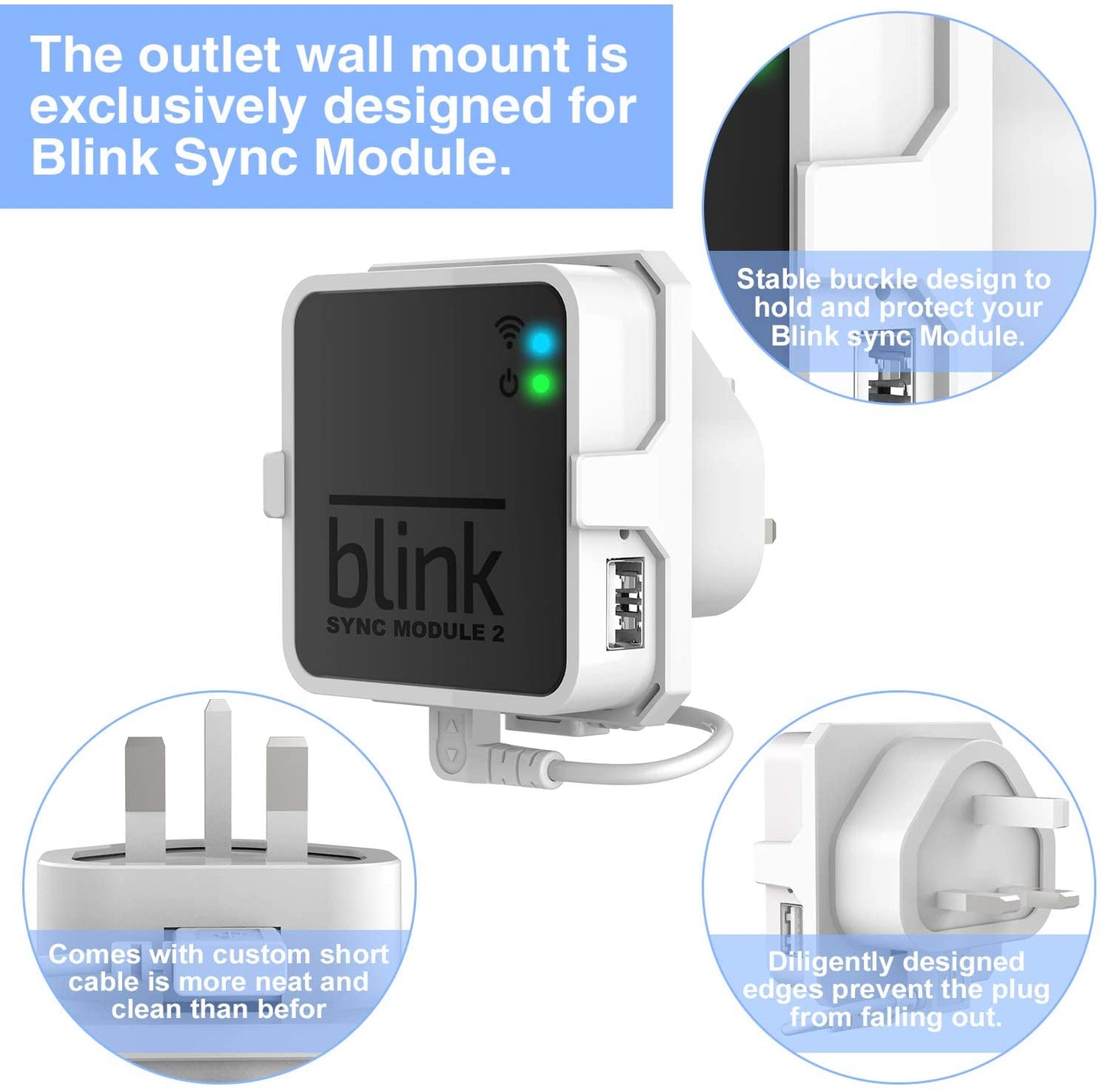 Outlet Wall Mount for Blink Sync Module 2- Blink Accessories for Blink All-new&Blink XT2&Blink XT Outdoor and Indoor Home Security Camera Mount with Short Cable (White)