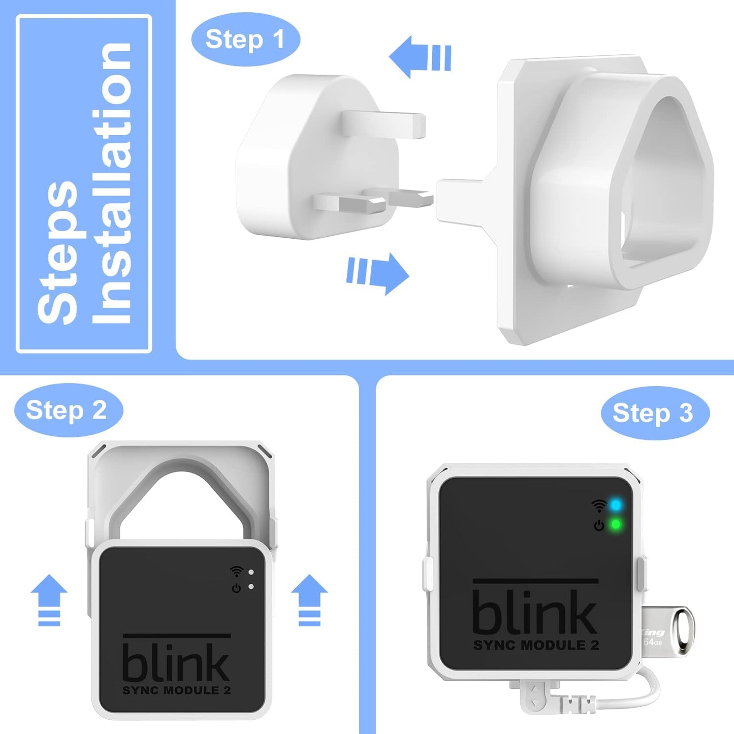 64GB USB Flash Drive and Outlet Mount for Blink Sync Module 2, Save Space and Easy Move Mount Bracket Holder for Blink Outdoor Blink Indoor Security Camera System (White)