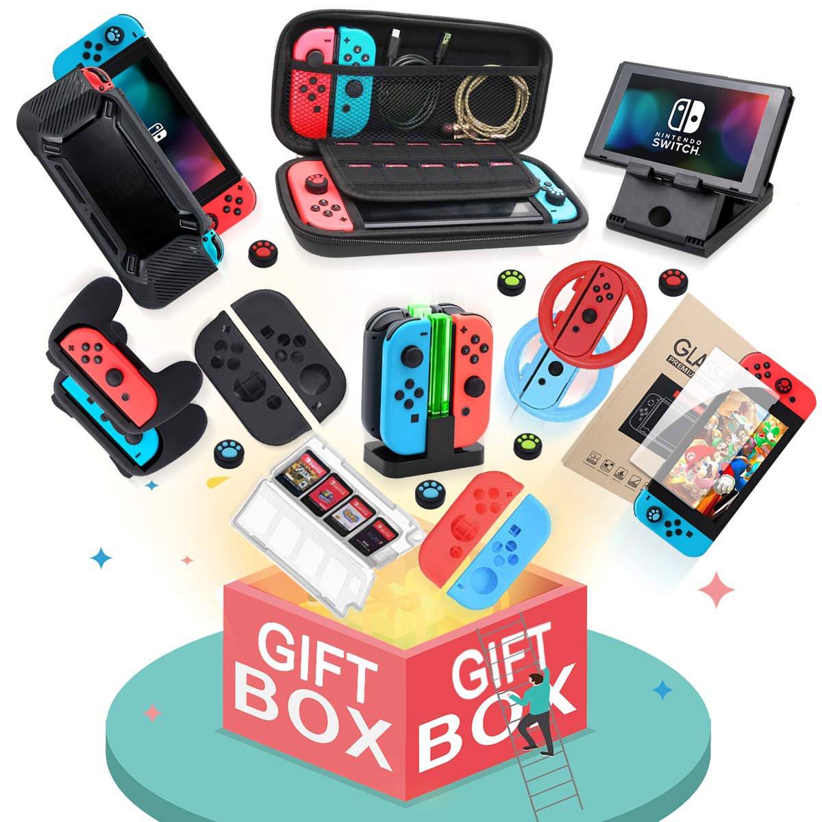 Switch Accessories Bundle, Kit with Carrying Case, Protective Case with Screen Protector, Compact Playstand,Game Case, Joystick Cap, Charging Dock, Grip and Steering Wheel for Nintendo Switch(10-in-1)
