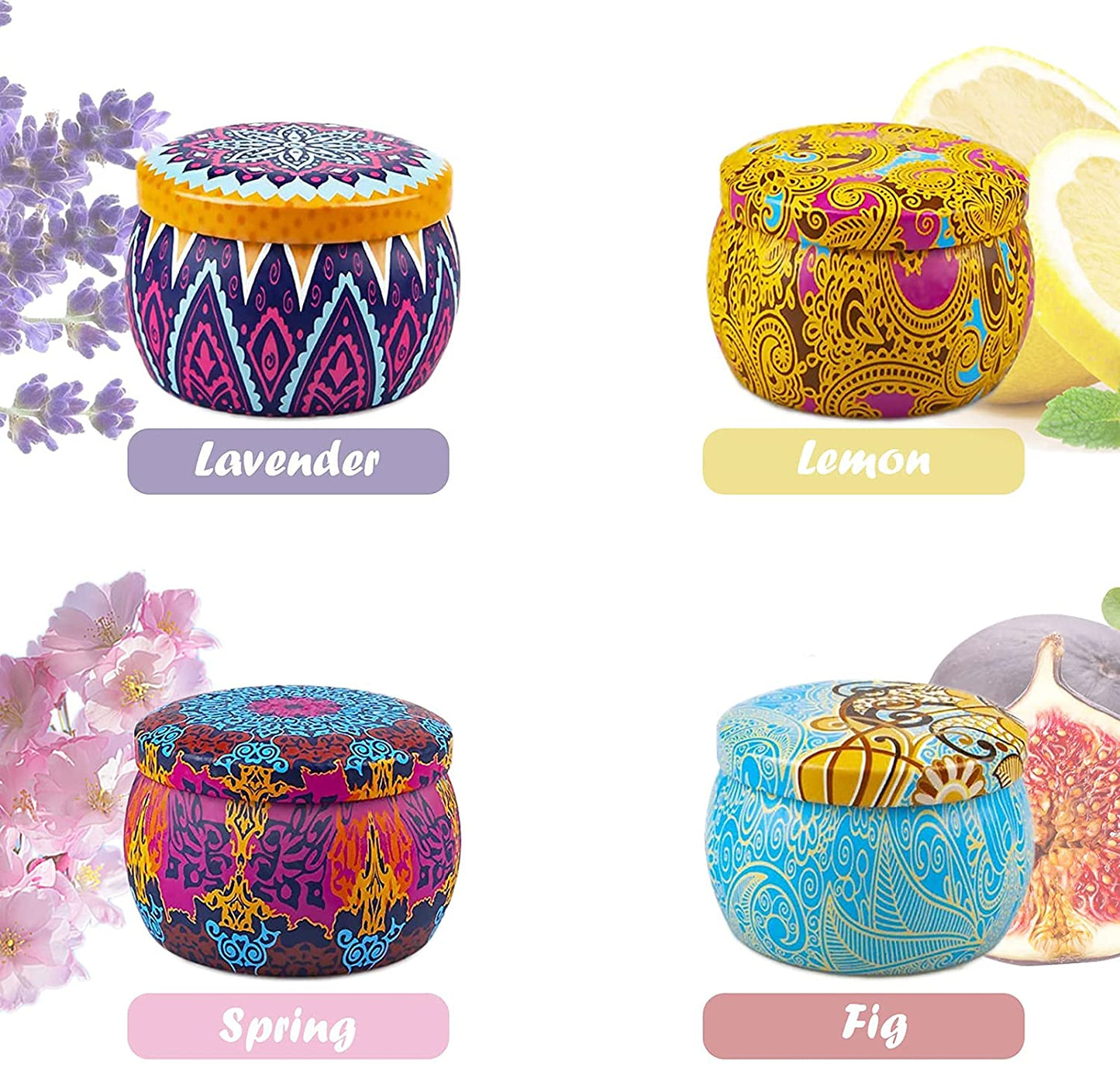 Scented Candles Gifts for Women,Natural Soy Wax Candle Set, Portable Travel Candle 4 Tins-Lavender,Lemon,Fig,Spring,Gifts for Mother's Day, Valentine's Day, Birthday, Christmas