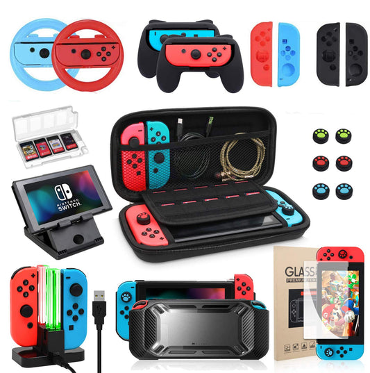 Switch Accessories Bundle, Kit with Carrying Case, Protective Case with Screen Protector, Compact Playstand,Game Case, Joystick Cap, Charging Dock, Grip and Steering Wheel for Nintendo Switch(10-in-1)