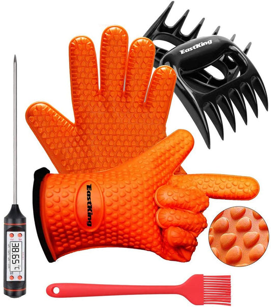 Eastking BBQ Gloves/BBQ Claws/Meat Thermometer and Silicone Brush Superior Value Premium Set (4pcs Set) - Heat Resistant/Non-Slip/Safe/Cooking/Grilling Silicone Gloves for Indoor & Outdoor (Orange)