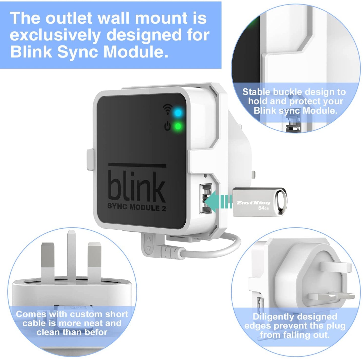 64GB USB Flash Drive and Outlet Mount for Blink Sync Module 2, Save Space and Easy Move Mount Bracket Holder for Blink Outdoor Blink Indoor Security Camera System (White)