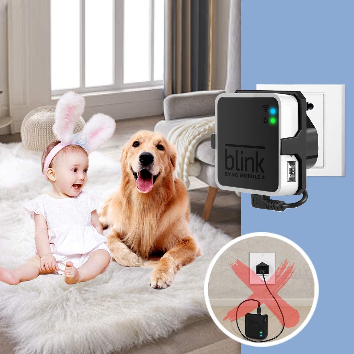 Outlet Wall Mount for Blink Sync Module 2- Blink Accessories for Blink All-new&Blink XT2&Blink XT Outdoor and Indoor Home Security Camera Mount with Short Cable (Black)