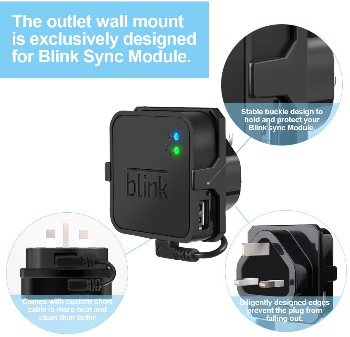 Outlet Wall Mount for Blink Sync Module 2- Blink Accessories for Blink All-new&Blink XT2&Blink XT Outdoor and Indoor Home Security Camera Mount with Short Cable (Black)